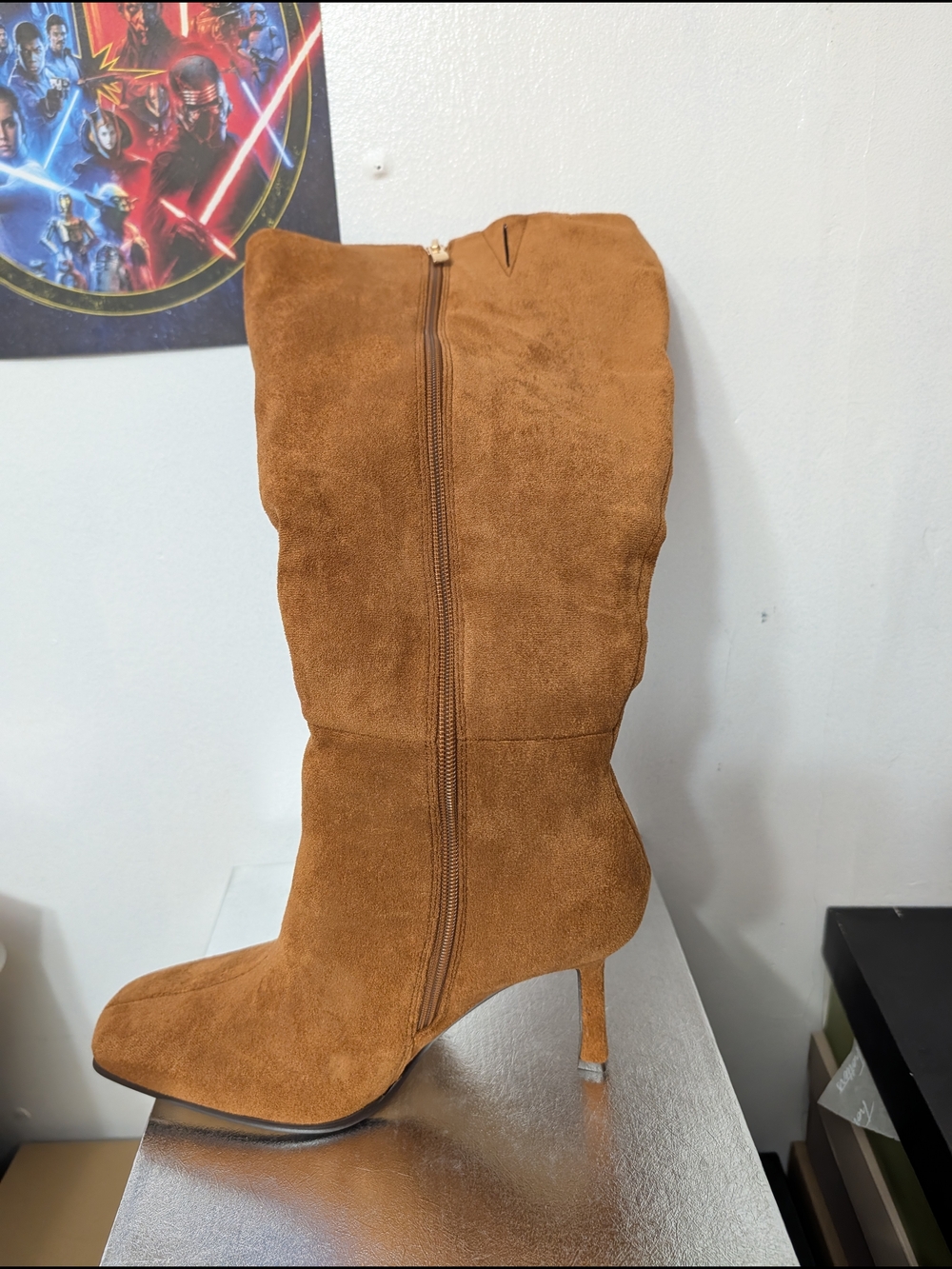 Tan Suede Mid-Calf Stiletto Boot